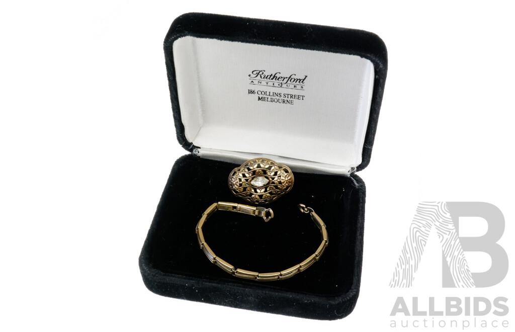 Antique Gold Plated Expanding Braclet with a Antiqiue Style Peirced Brooch in Rutherford Antiques Box