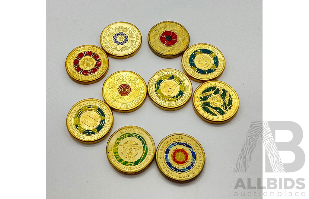 Ten Australian Coloured Two Dollar Coins Including 2018 Armistice, 2019 Police Remembrance, 2022 Commonwealth Games A, U, S and More