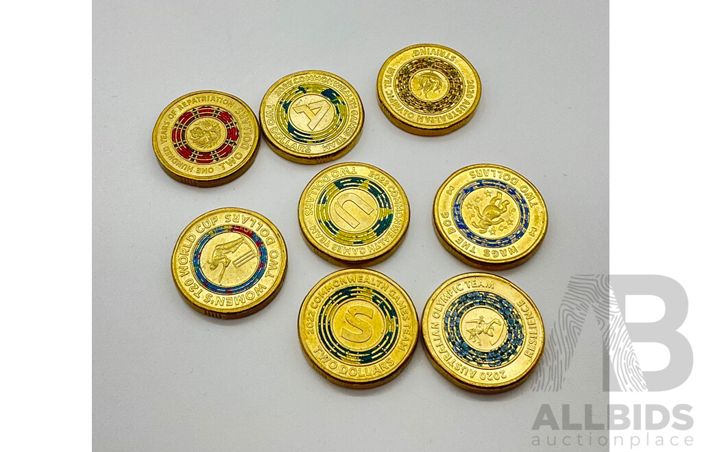 Eight Australian Coloured Two Dollar Coins Including 100 Years of Repatriation, 2022 Commonwealth Games A, U, S and More