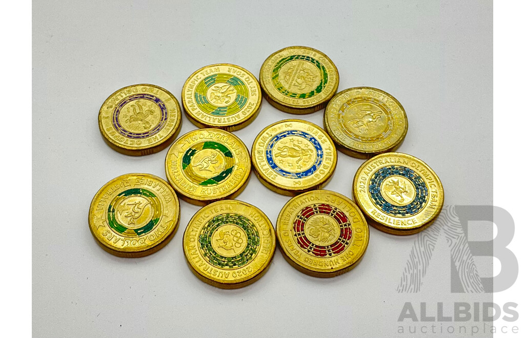 Australian Coloured Two Dollar Coins Including 2019 Wallabies, 2021 Dorothy the Dinosaur and More (10)