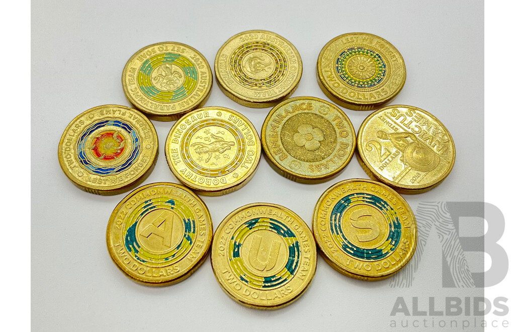 Australian Two Dollar Coins Including 2017 Lest We Forget, 2022 Commonwealth Games, A, U, S 2012 Remembrance and More (10)