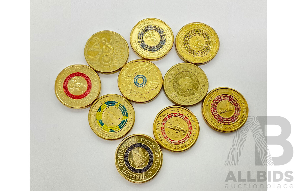 Australian Two Dollar Coins Including 2018 Invictus Games, 2023 Vegemite Centenary, 2021 Captain Feather Sword and More (10)