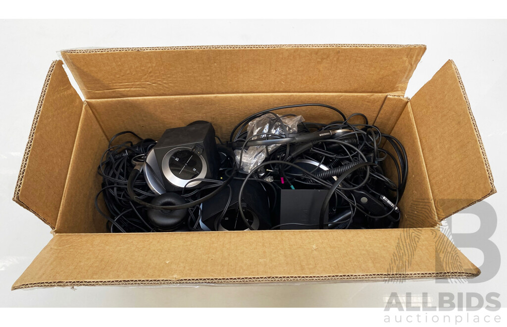 Box of Assorted Sennheiser Headsets / DW BS-AUS Charging Base