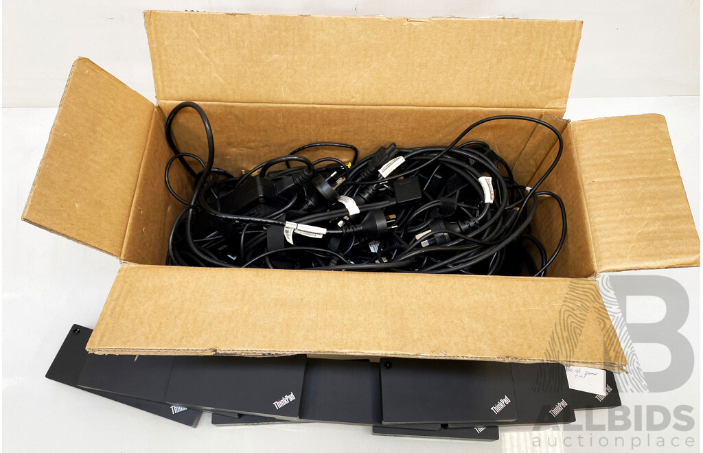 Box of Assorted Lenovo Docking Stations and Power Adapters