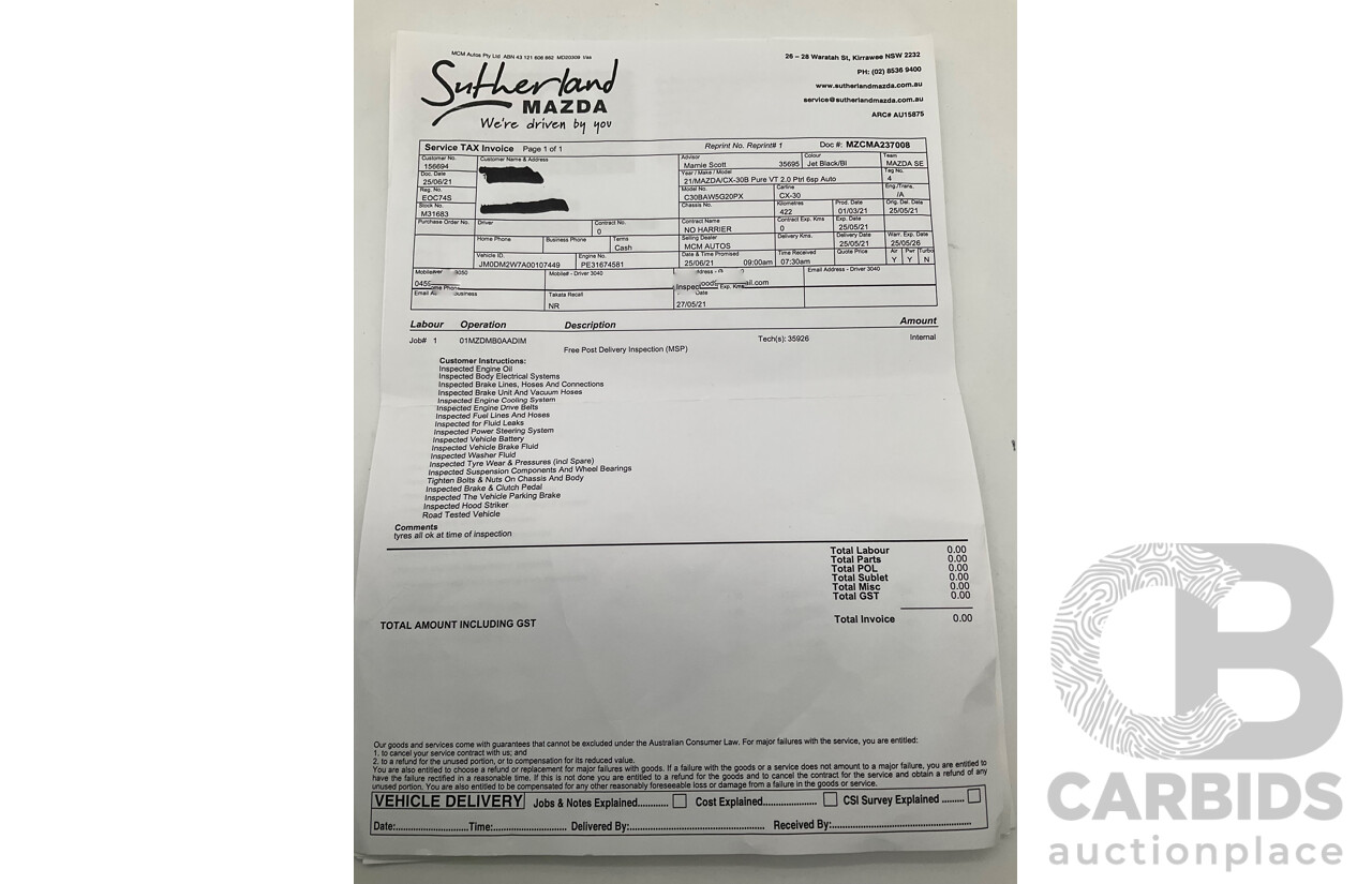 03/2021 Mazda CX-30 Skyactiv G20 Pure DM 4d Wagon Metallic Black 2.0L