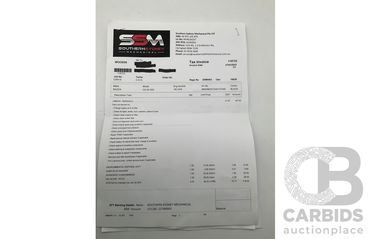 03/2021 Mazda CX-30 Skyactiv G20 Pure DM 4d Wagon Metallic Black 2.0L