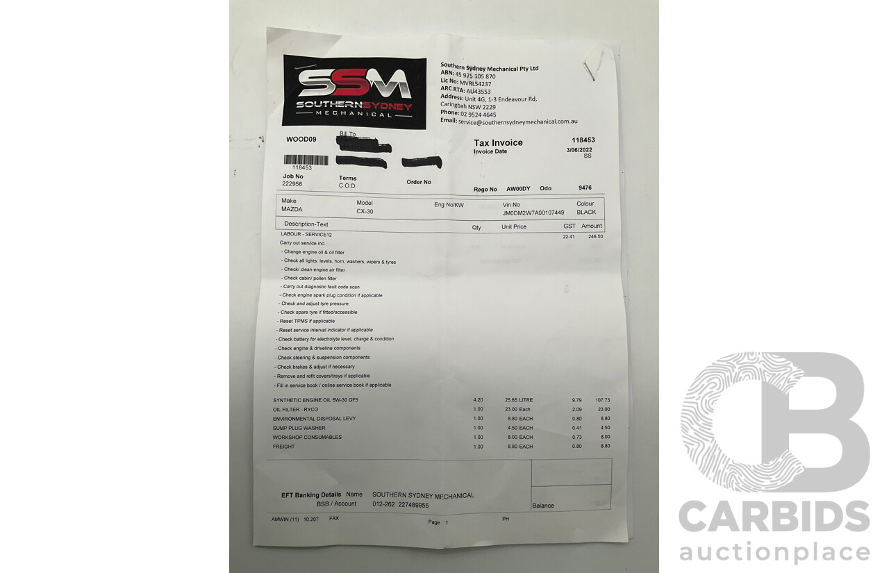 03/2021 Mazda CX-30 Skyactiv G20 Pure DM 4d Wagon Metallic Black 2.0L