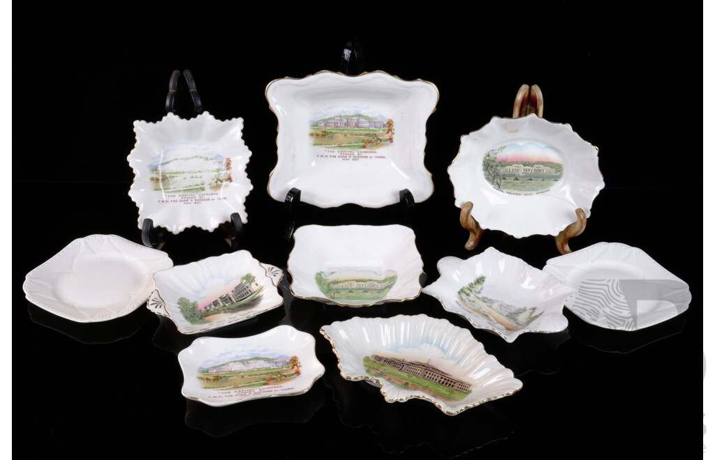 Collection of Vintage Parliament House and Canberra Souvenir Dishes, Including Aynsley, Royal Stafford, Victoria, and Shelley