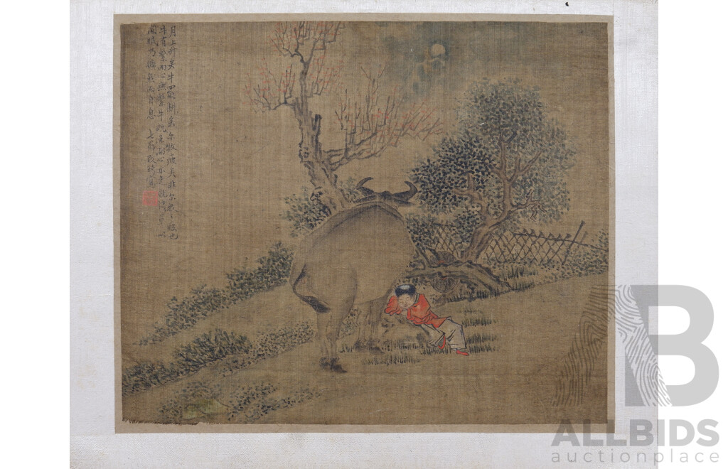 Folio of Antique Chinese Paintings on Silk, each 21 x 25 cm