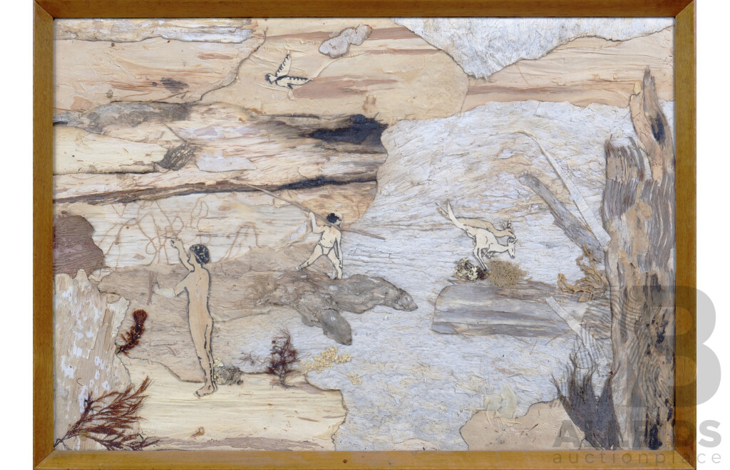 Framed 1970s Paperbark & Seagrass Composition, Aboriginal Figures & Kangaroo