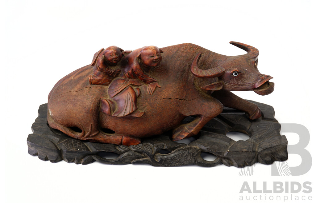 Vintage Chinese Hand Carved Water Buffalo with Two Children on Wooden Stand, Losses