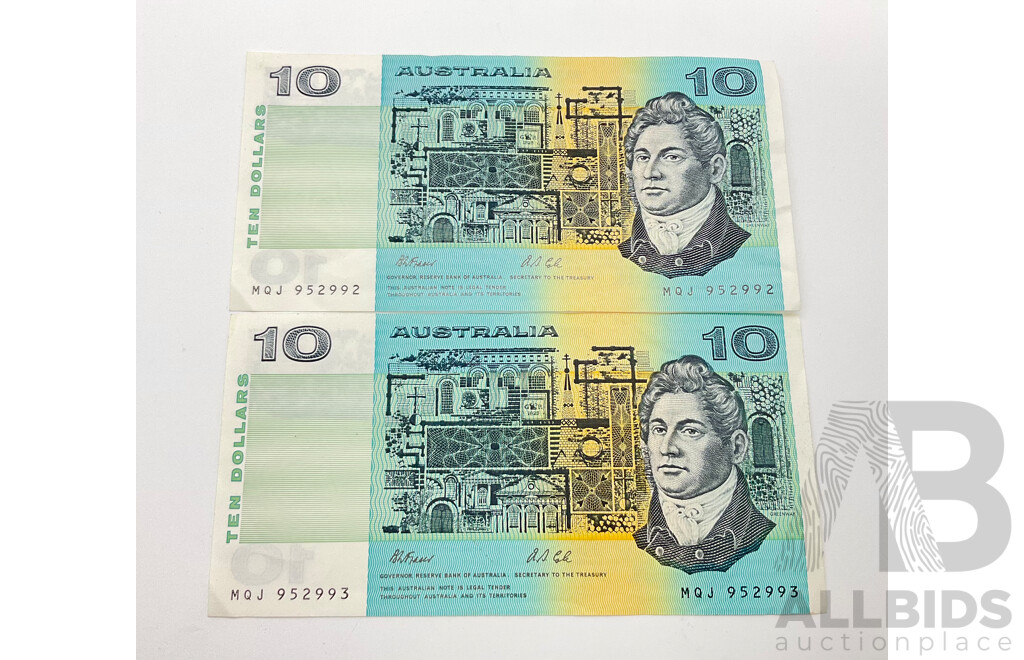 Australian Ten Dollar Notes Fraser/Cole Consecutive MQJ 952992 - MQJ 952993