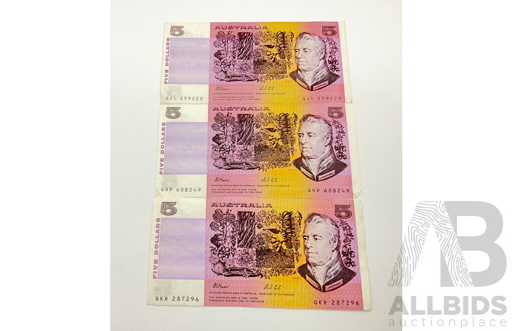 Australian Five Dollar Notes Fraser/Cole QHP, QJL, QKR (3)