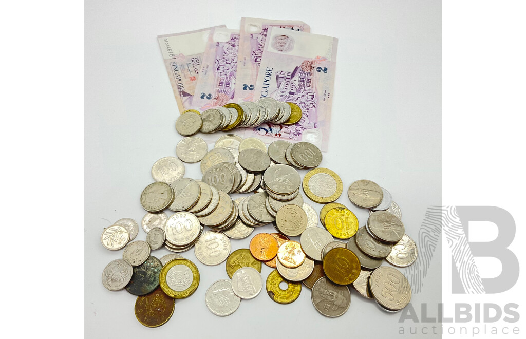 Collection of International Coins and Notes Including Singapore, New Zealand, Malaysia and More