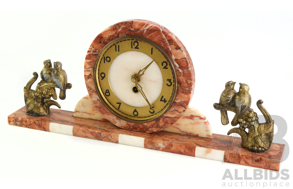 Vintage Art Deco Marble Mantle Clock with Cast Metal Birds