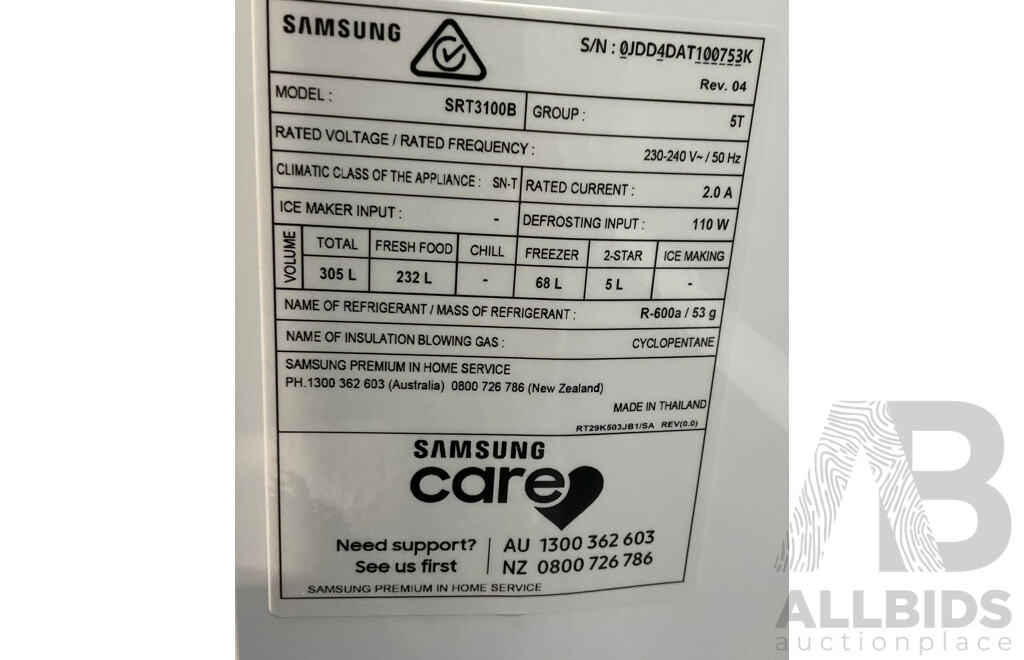 SAMSUNG (SRT3100B) 305L Modern Design Top Mount Refrigerator with All-Around Cooling - ORP $899.00
