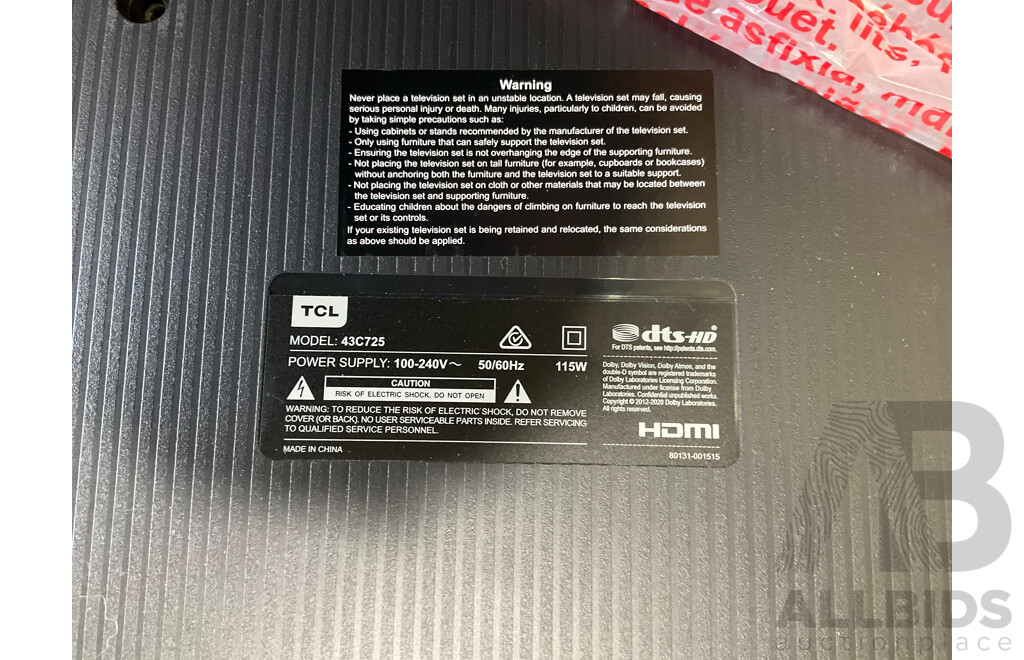 TCL 43inch C725 4K QLED Android TV (43C725) - Estimated ORP $799