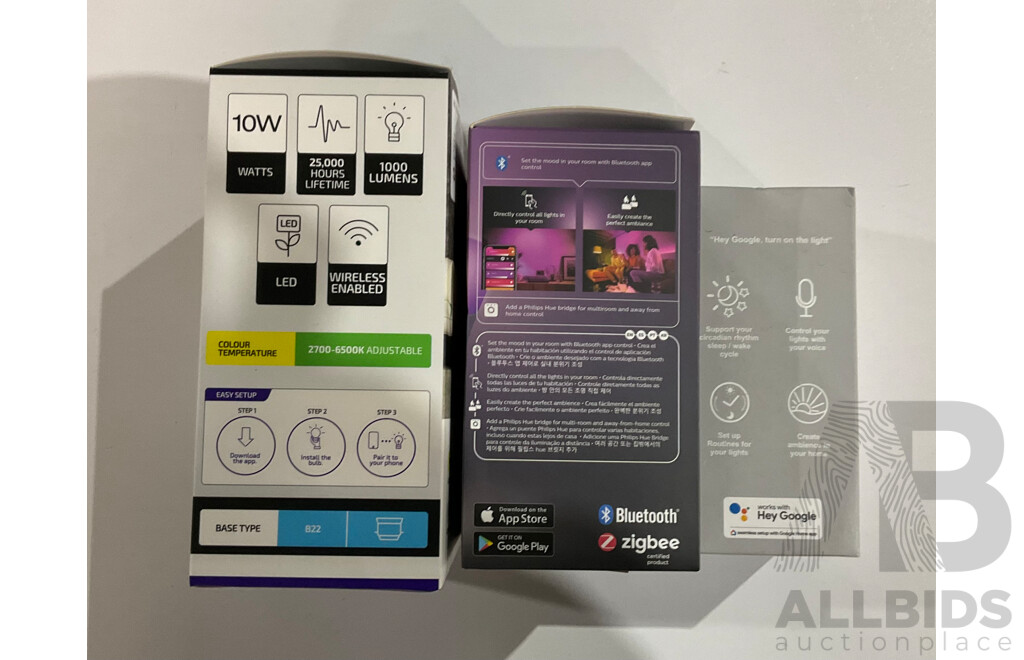 PHILIPS Hue Bluetooth White/Colour Ambiance Light Bulbs & CONNECT Smarthome LED Bulb, IMAGINE SYNC Bulb  - Lof of 3 - Estimated Total ORP $150.00