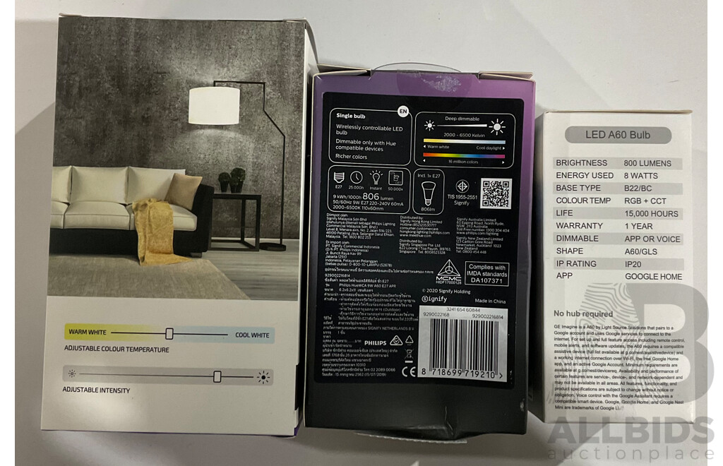 PHILIPS Hue Bluetooth White/Colour Ambiance Light Bulbs & CONNECT Smarthome LED Bulb, IMAGINE SYNC Bulb  - Lof of 3 - Estimated Total ORP $150.00