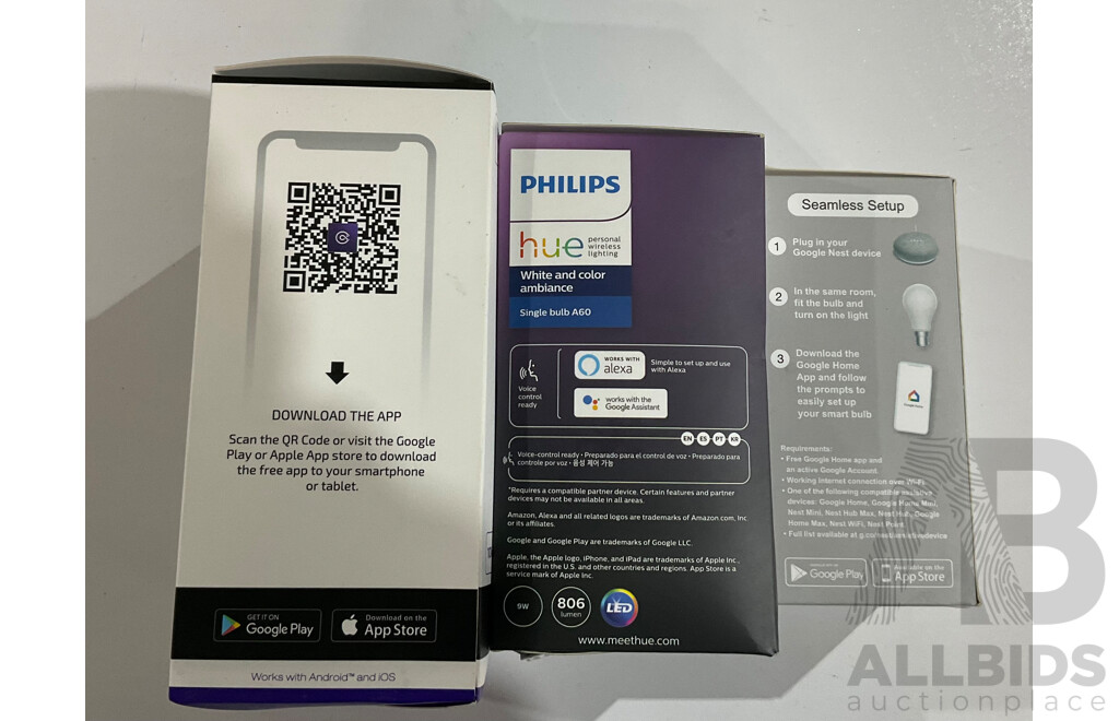 PHILIPS Hue Bluetooth White/Colour Ambiance Light Bulbs & CONNECT Smarthome LED Bulb, IMAGINE SYNC Bulb  - Lof of 3 - Estimated Total ORP $150.00