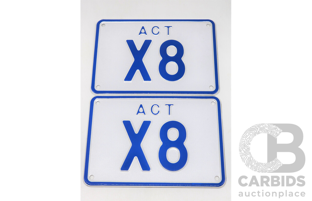 ACT Two Character Alpha Numeric Signature Number Plate - X8 (Letter X, Number 8)