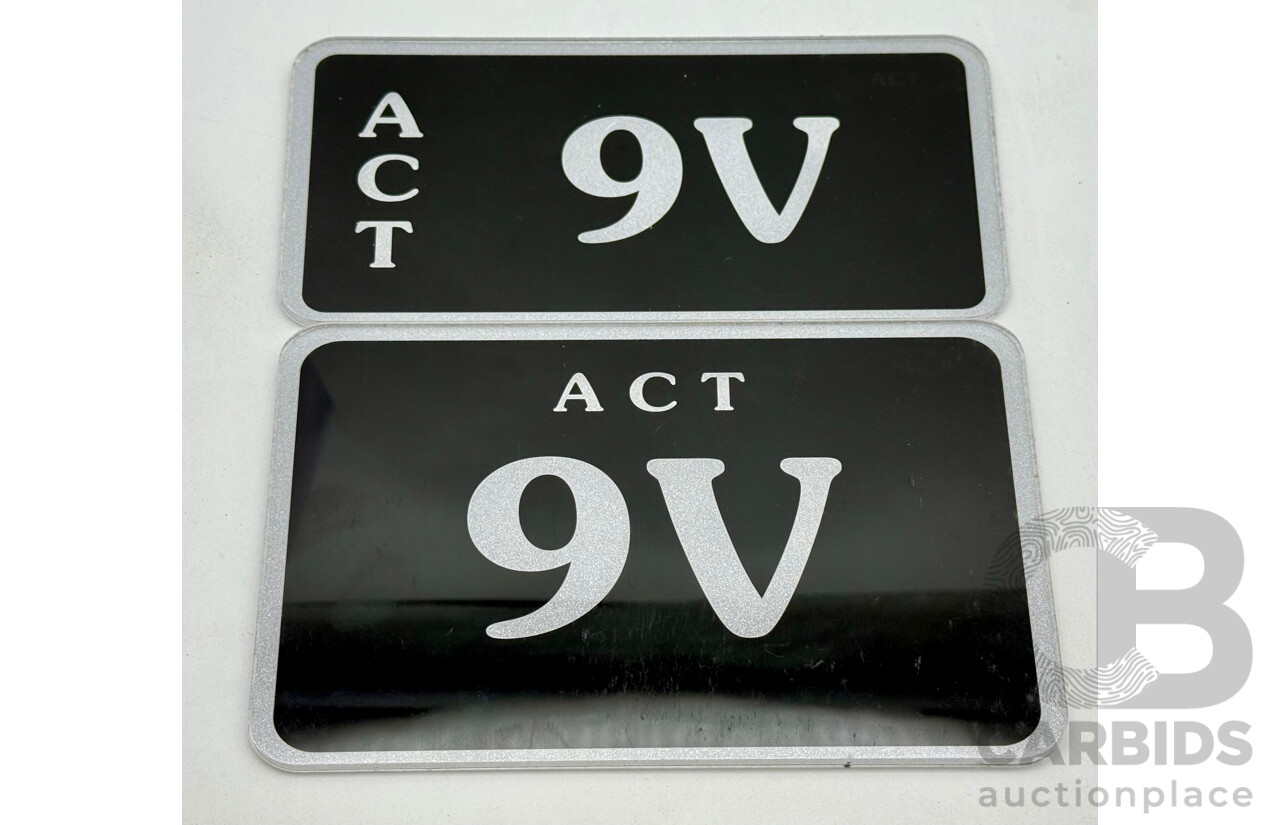 ACT Two Character Alpha Numeric Number Plate  9V (Number 9, Letter V)