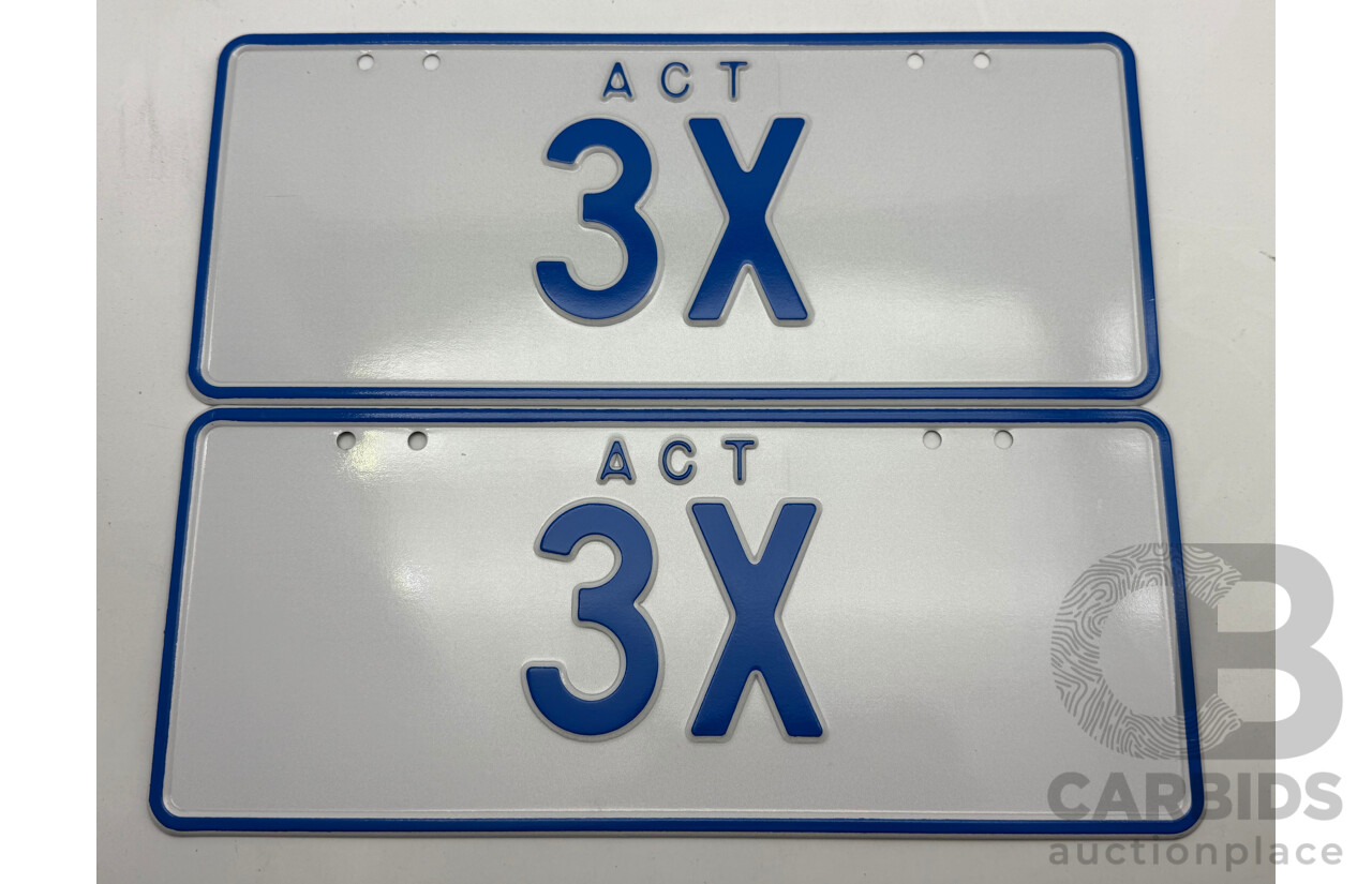 ACT Two Character Alpha Numeric Number Plate  3X (Number 3, Letter X)