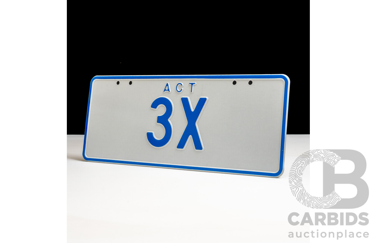 ACT Two Character Alpha Numeric Number Plate  3X (Number 3, Letter X)