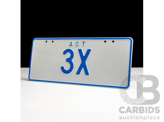 ACT Two Character Alpha Numeric Number Plate  3X (Number 3, Letter X)