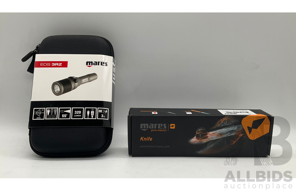 MARES (EOS 3RZ) Rechargeable Dive Torch, MARES (425616) Pure Instinct Argo Titanium Knife - Lot of 2 - Estimated Total ORP $160.00