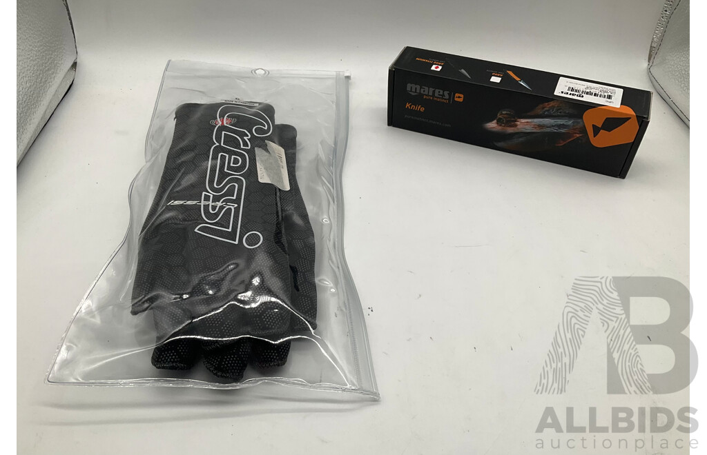 MARES (425616) Pure Instinct Argo Titanium Knife, CRESSI Spider Dive Gloves (Size XL) - Lot of 2 - Estimated Total ORP $140.00