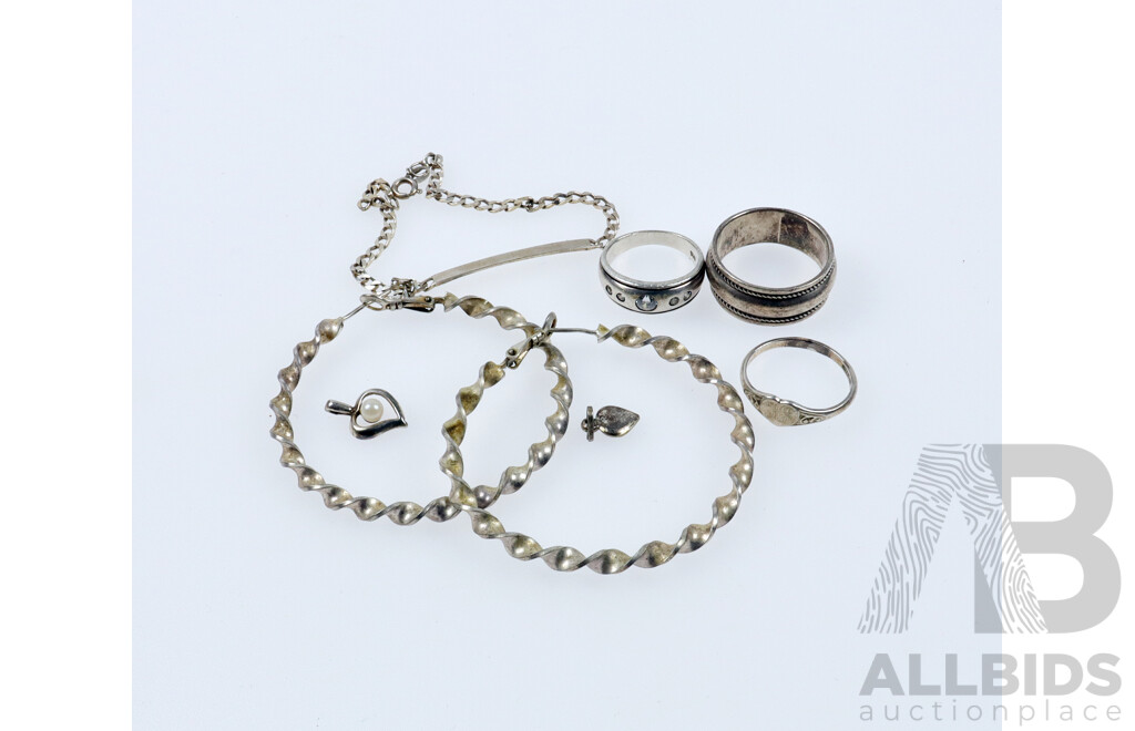 Collection of Sterling Silver Jewellery Items Including 50mm Twist Hoop Earrings, Pendants & Rings, 28.35 Grams