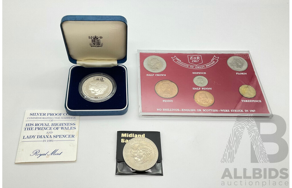 United Kingdom Coins Including 1981 Sterling Silver Proof Prince Chales and Lady Diana Coin and Crown Coin and 1967 UNC Coins