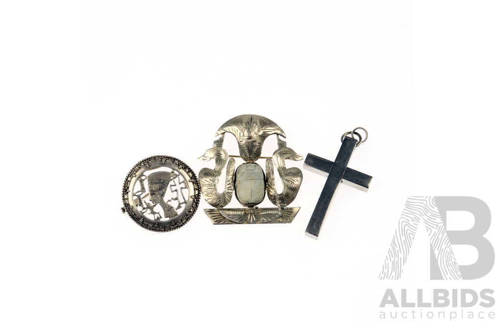 Egyptian Silver Pendant/Brooches X 2 and Stainless Steel Large Cross Pendant