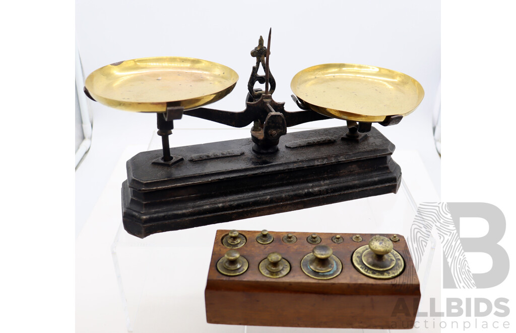 Set Antique French Balance Scales with Brass Dishes and Set 12 Weights in Wooden Container