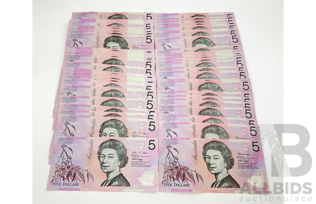 Australian Five Dollar Polymer Notes, Ninety Stevens/Henry, Ten Mcfarlane/Henry - Total 100 Notes