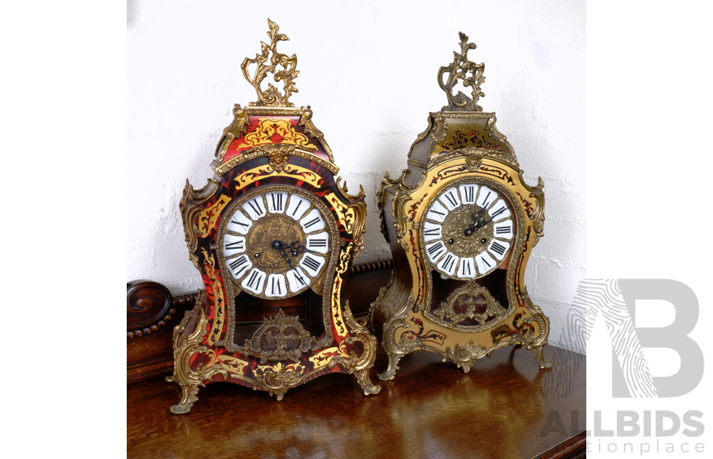 Lovely Pair of Large Franz Hermle and Son Louis XV Style Boulle Bracket Mantle Clocks