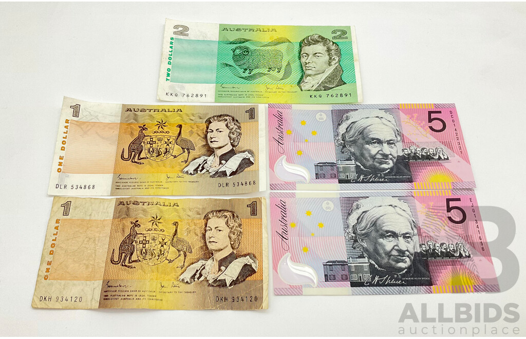 Two Australian Polymer $5 Notes DC01422321 and EJ01341656 and Three Vintage Australian Paper Notes