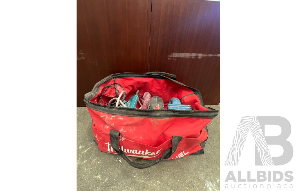 Milwaukee Carry Bag, Makita 9910 Belt Sander, Ozito HSS-5000 Belt Sander and Work Zone TTA-5522 Belt Sander