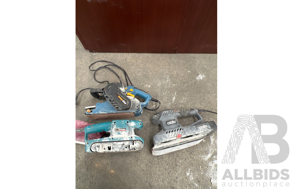 Milwaukee Carry Bag, Makita 9910 Belt Sander, Ozito HSS-5000 Belt Sander and Work Zone TTA-5522 Belt Sander