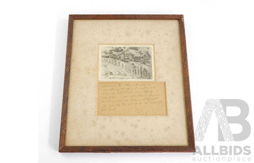 A framed bookmark etching with inscription and poem, 1915