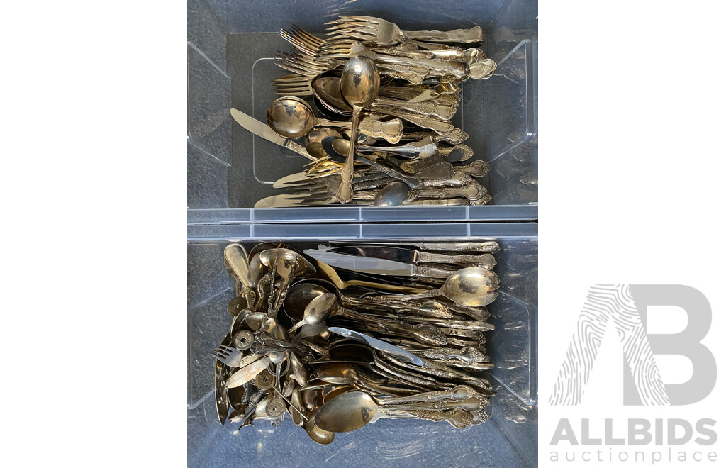 A collection of EPNS cutlery including 24 souvenir teaspoons (qty)