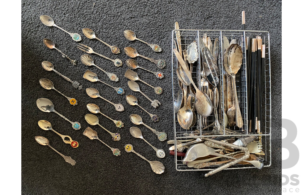 A collection of EPNS cutlery including 24 souvenir teaspoons (qty)