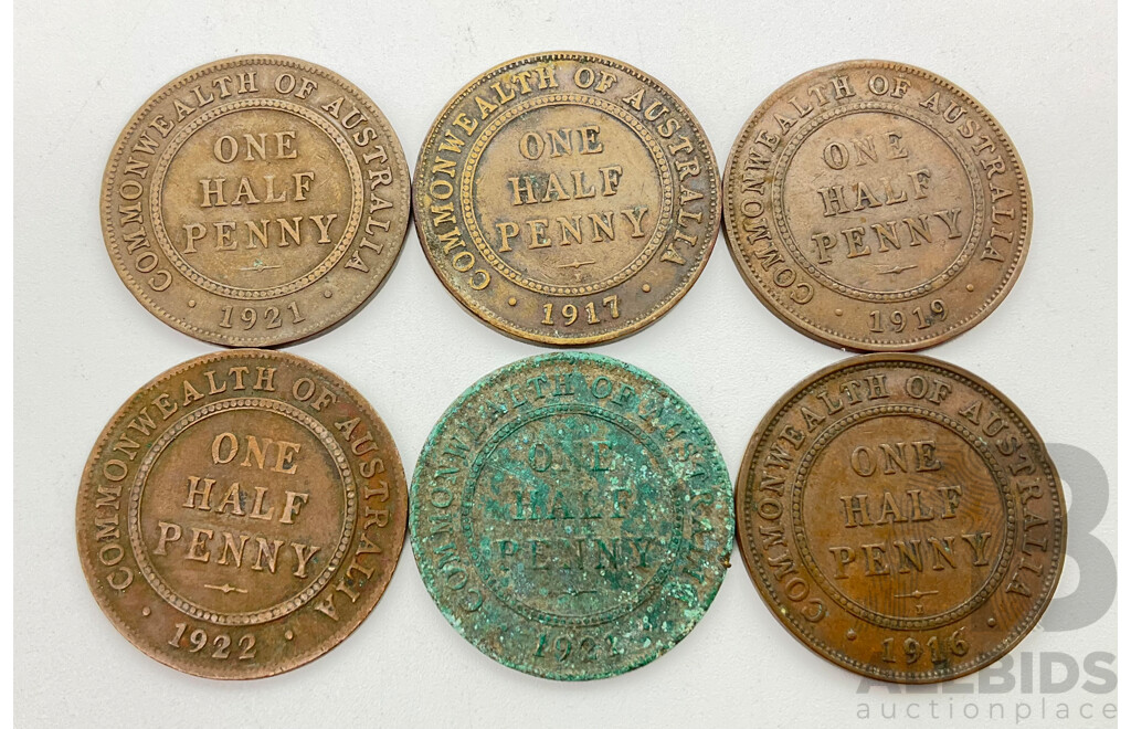 Australian Half Pennies 1916, 1917, 1919, 1921, 1922 (6)