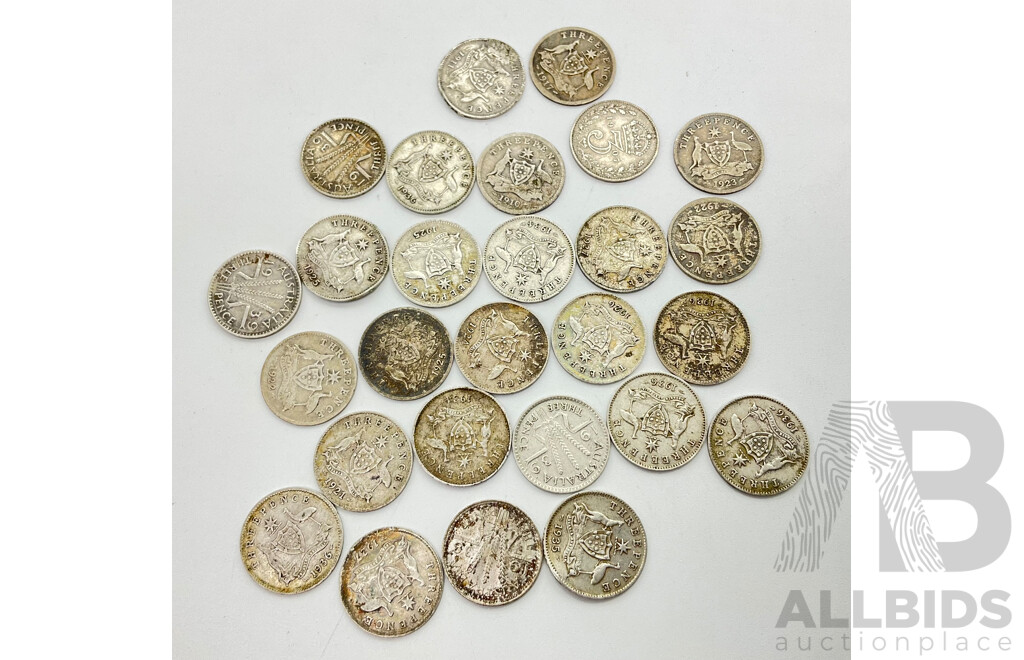 Australian Threepence Coins 1910's, 1920's, 1930's .925/.500 Silver (27)