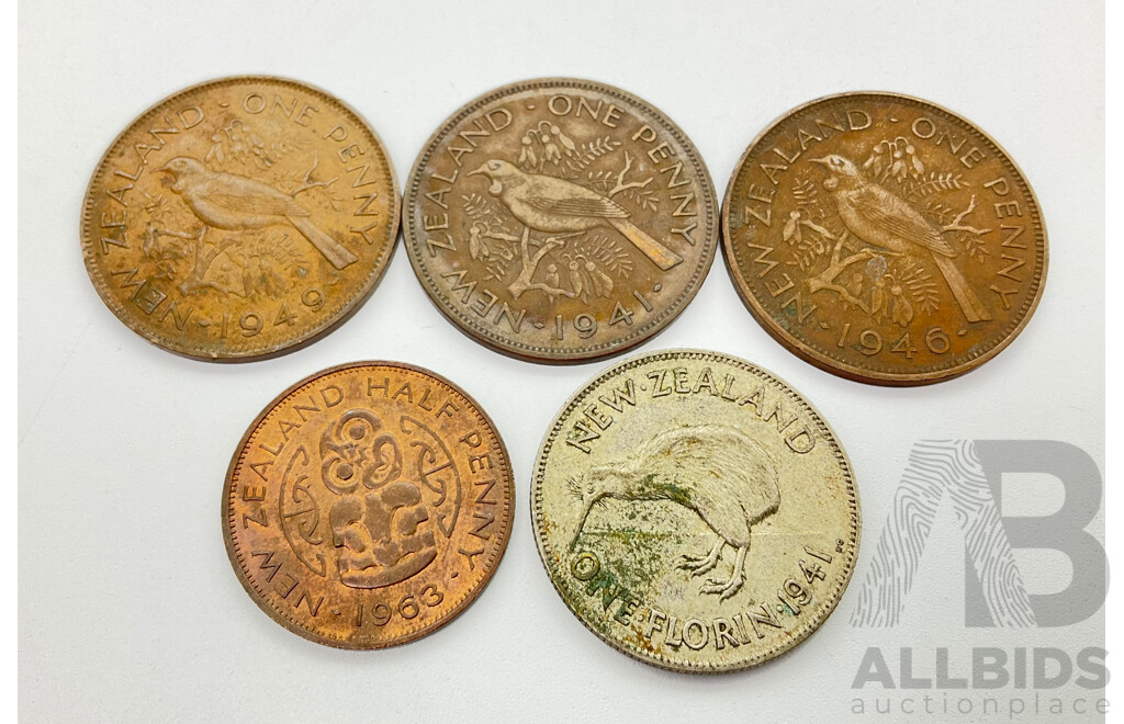 New Zealand Coins Including 1941 Florin, 1941, 1946, 1949 Pennies and 1963 Half Penny (5)