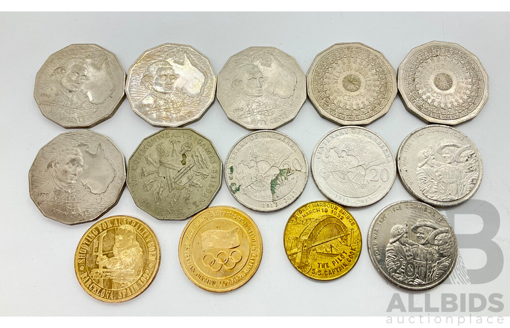 Australian Coins and Medallions Including 1970, 1977, 1982 Fifty Cent Commemorative Coins, 2005 and 2013 Commemorative Twenty Cent Coins and Sydney Olympics and Harbour Bridge Medallions