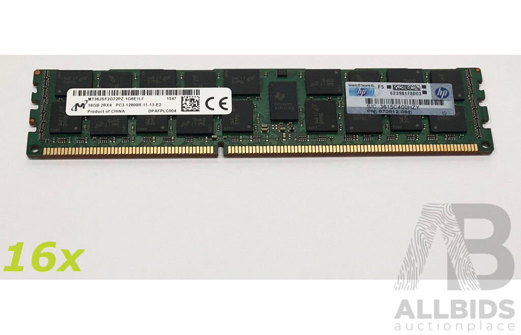 Micron (MT36JSF2G72PZ-1G6E1LF) 16GB ECC DDR3 RDIMM RAM - Lot of 16