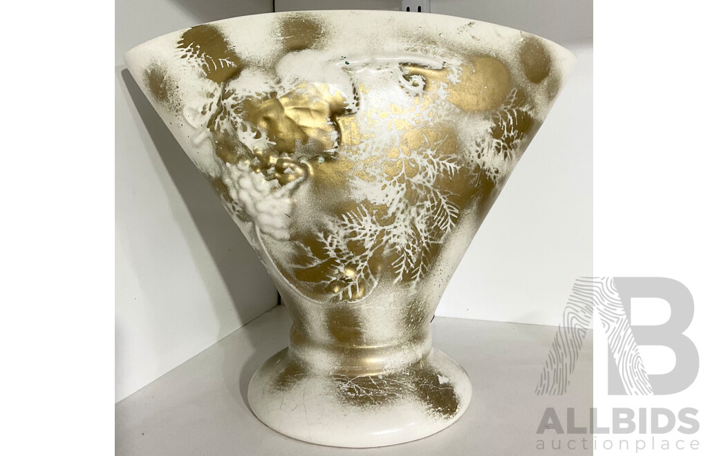 Vintage White Fan Shaped Vase with Applied Gold Paint