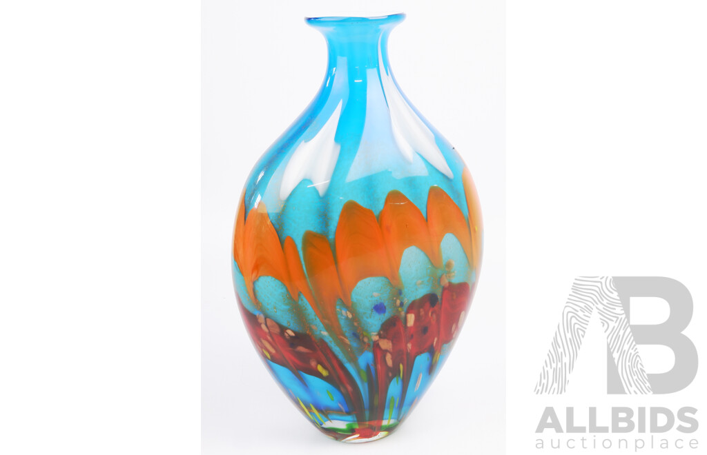 Large Hand Blown Art Glass Vase with Orange and Blue Decoration